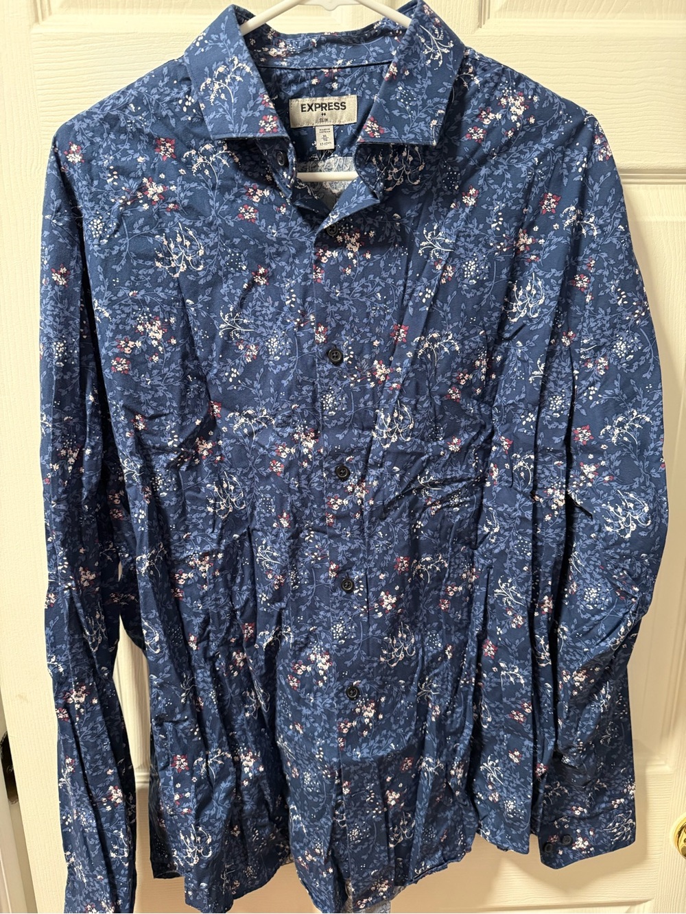 Express Men's Navy Blue Floral Long-Sleeve Button-Down Shirt